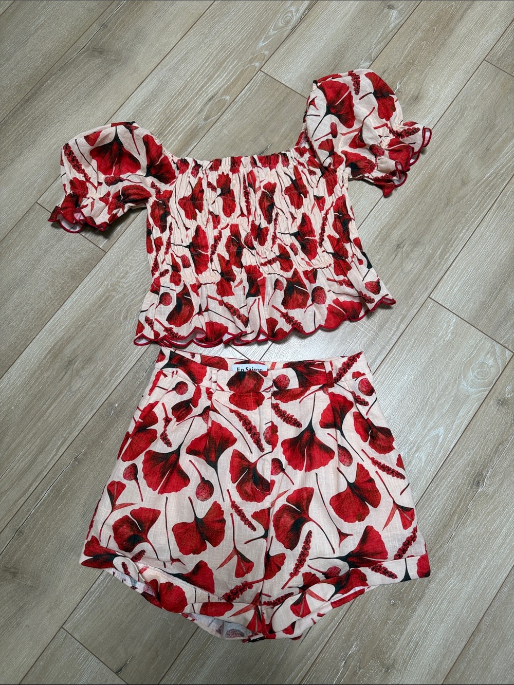 En Saison Red & White Floral Smocked Off-Shoulder Crop Top with Matching Shorts